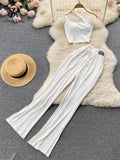 Runhufu Women Irregular Split Summer Set Pocket Slim Elastic Waist Solid Temperament Ladies Wide Leg Long Pants Two Piece Sets