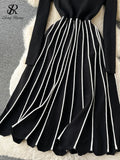 Runhufu Turtleneck Striped Pleated Knitted Dress Long Sleeve Thick Elastic Warm Dress Women Winter Vinage Chic Sweater Dress