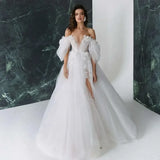 Runhufu long V-neck decal Luxury wedding dress with off rotator sleeves Romantic Wedding A-line pleated bridal party dress