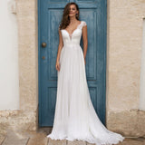 Runhufu V-Neck Chiffon Wedding Dress Lace Cap Sleeve Open Back Sweep Train Bridal Gowns For Women Custom Made Vestido De Novia