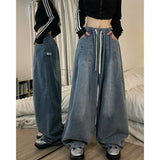 Runhufu Women Vintage Baggy Jeans Elastic Waist Oversized American Trouser Denim Wide Leg Streetwear Straight Basic Pants Y2k
