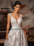 Runhufu Classic V-neck Wedding Gowns for Women Cap Sleeves Lace Appliques Backless Tulle Sweep Train Robe De Soiree De Mariage