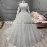 Runhufu Sparkle Muslim Wedding Dresses Cover Back Long Wedding Gowns A-Line Luxury Elegant Bride Dress vestidos de noviaS