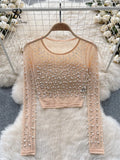 Runhufu Pearls Beadings Women Blouse O Neck Long Sleeves Mesh Sheer High Quality Korean Style Fashion Hotsweet Streetwear Tops