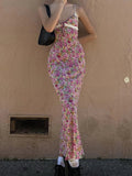 Runhufu Flowers Print Spaghetti Straps Wrap Long Dress 90s E-girl Aesthetic Women Summer Sleeveless Tie Up V-Neck Sundress