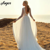 Runhufu Line Chiffon Wedding Dress Long Sleeves Sexy V Neck lace Bride Dress Boho Wedding Gown PluS Size Simple Wedding Dress