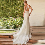 Runhufu V-Neck Sleeveless Boho Mermaid Wedding Dress For Women 2023 Lace Appliques Open Back Floor Length Bridal Gown Custom Made