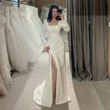 Runhufu Luxury Mermaid Wedding Dresses Square Collar Long Sleeves High Side Slit Bridal Gowns Pure Satin 2024 Bride Dress