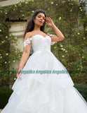 Runhufu Modern Tulle Wedding Gowns for Women Bridal Off the Shoulder Ruffles Lacing Up Sweetheart Sweep Train Robe De Mariee