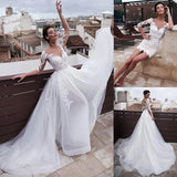 Runhufu In 1 Wedding Dresses With Detachable Skirt Lace Appliques 3/4 Sleeves Two Pieces Bridal Gowns O-Neck Mermaid Wedding Dress