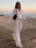 Runhufu Women Pleated 2 Piece Pants Sets Spring Summer Streetwear Long Sleeve Button Down Shirt+Straight-Leg Pants Loose Outfits