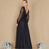 Runhufu Black Long Bishop Sleeves V Neck Custom Made Wedding Dress A Line Maxi Full Length Low Cut Backless Evening Prom Gowns