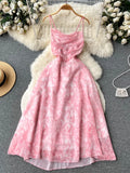 Runhufu Spaghetti Strap Hollow Out Sexy Long Dress Women Sleeveless Elastic Vacation Chiffon Floral Print Beach Sundress