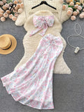 Runhufu Vacation Beach Style Two Pieces Suits Strapless Halter Chain Mini Tank+Bodycon Fishtail Skirt Fashion Floral Sexy Sets