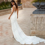 Runhufu High Split Mermaid Wedding Dress Fashion V-Neck Sleeveless Satin Bride Party Spaghetti Straps Backless Button Robe Mariée