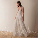 Runhufu Plus Size Sexy V Neck Wedding Dresses A Line Lace Bride Robes Spaghetti Straps Backless Bridal Gowns Beach Vestido De Noiva
