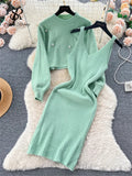 Runhufu Winter Beading Knitted Suits Women Loose Long Sleeve Beading Pullover+ Midi Dress Fashion Warm Sweater Two Piece Sets
