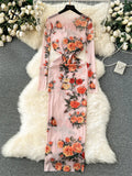 Runhufu Autumn Sexy Long Dress Fashion O Neck Long Sleeves Slim Korean Mesh Sheer Floral Print Maxi Dress