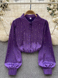 Runhufu Autumn Senior Vintage Shirt 2024 Fashion Lantern Sleeve Loose Beading Design Top Women Lapel Streetwear Diamons Blouse