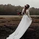Runhufu Lace Sleeves Bohemian A Line Chiffon Wedding Dress Scoop Neck Buttons Modest Custom Made Plus Size Boho Hippie Bridal Gowns