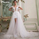Runhufu 3D Flowers Lace Detachable Train Mini Short Wedding Dress V Neck Backless Cap Sleeves High Low Bridal Gown Above Knee