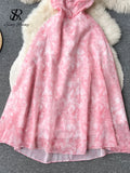 Runhufu Spaghetti Strap Hollow Out Sexy Long Dress Women Sleeveless Elastic Vacation Chiffon Floral Print Beach Sundress