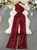 Runhufu American Retro Sequin Jumpsuit Diagonal Collar Solid Long Wide Legs Pants Romper Elegant Backless Sexy Party Jumpsuits