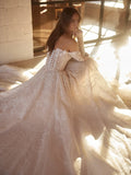 Runhufu The Shoulder Long Sleeve Wedding Dress Sparkly Sequins Beads Bride Robe Elegant A-line Long Bridal Gown Robe De Mari¨¦e