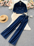 Runhufu Streetwear Denim Two Pieces Sets Women Short Sleeves Retro Top+Wide Legs Long Pants 2024 Fashion Korean Vintage Suits