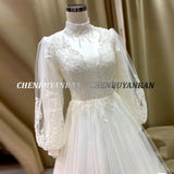 Runhufu Wedding Party Gown Lace Applique A-Line Long Wedding Dresses For Women Full Sleeves Tulle Sweep Train vestido de novia