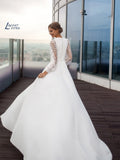 Runhufu NICEB Modern Satin Wedding Dress with Illusion Long Sleeves O-neck Dubai Sexy Side Slit Bridal Gowns vestido de novia