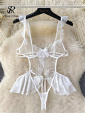 Runhufu Summer Strap Sheer Sexy Bodysuits Ruffles Hotsweet Mesh Erotic Nightwear Fashion Embroidery Backless Sensual Playsuits