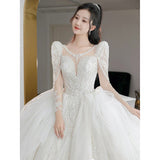 runhufu Beading Wedding Dress Sexy See Through Deep V Neck Bride Dress 2023 New Long Sleeve Winter Wedding Gowns Robe De Mariee