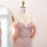 Runhufu Said Luxury Mermaid Pink Evening Dresses with Feathers Scarf Spaghetti Straps Dubai Women Blue Wedding Prom Gowns SS478