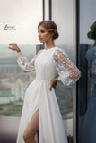 Runhufu NICEB Modern Satin Wedding Dress with Illusion Long Sleeves O-neck Dubai Sexy Side Slit Bridal Gowns vestido de novia