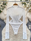 Runhufu Fashion Mesh Sheer Playsuits 2024 Ladies Turtleneck Long Sleeve Transparent Sensual Top Open Crotch Slim Sexy Bodysuit