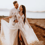 Runhufu Split Bell Sleeves Boho Bridal Gowns Custom Made V Neck Front Leg Slit Cutout Backless A Line Chiffon Lace Wedding Dress