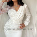 Runhufu Elegant Mermaid Wedding Dresses Long Sleeve Beadings V-Neck Satin Bridal Dress White Evening Wedding Gowns Custom Size