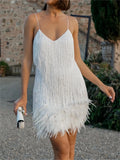 Runhufu Tassels Feather Suspender Party Dress Women Shiny Sleeveless Backless V Neck Mini Dress Club Prom Evening Vestidos