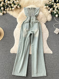 Runhufu American Retro Streetwear Denim Jumpsuits Zipper Pocket High Waist Wide Legs Ripped Pants Summer Women Slim Rompers