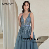 Runhufu Elegant V Neck Gray Blue Long Evening Dresses 2024 Party Sexy Backless Prom Gown Sleeveless Robe De Soiree For Women