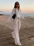 Runhufu Women Pleated 2 Piece Pants Sets Spring Summer Streetwear Long Sleeve Button Down Shirt+Straight-Leg Pants Loose Outfits