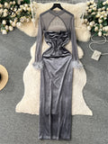 Runhufu Sexy Velvet Patchwork Dress Hollow Out Mesh Long Sleeves Fur Design Slim Autumn France Chic Ladies Evening Party Dress