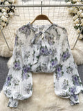 Runhufu Korean Print Chiffon Shirt Bow Neck Long Sleeves Loose Leopard Top Casual Paisley Vintage Floral Blouse Spring 2024