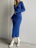 Runhufu Fall Winter Knit Rib Wrap Midi Pencil Dress for Women Casual Simple Style Long Sleeve V-Neck Backless Bodycon Dress