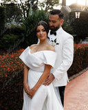 Runhufu V-Neck Off The Shoulder Wedding Mermaid Dress Sleeveless Satin Bohemian Bride Gown Traped Train Vestido De Novia