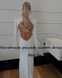 Runhufu Mermaid Wedding Dresses Feather Long Sleeve Sexy Backless Beach Wedding Gowns Floor Length Slim Fits Bride Dress