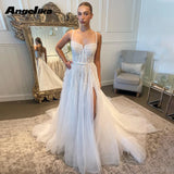 Runhufu Glitter Spaghetti Straps Wedding Dresses for Bride Appliques Tulle A Line High Split Sleeveless Vestidos De Novia