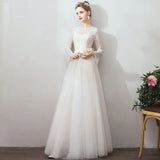 Runhufu Simple Bridal Dress With Bow Belt Classic O-neck Wedding Dresses With Long Sleeve Elegant Lace Tulle A Line Robe De Marie