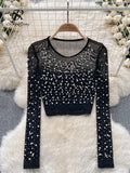 Runhufu Pearls Beadings Women Blouse O Neck Long Sleeves Mesh Sheer High Quality Korean Style Fashion Hotsweet Streetwear Tops